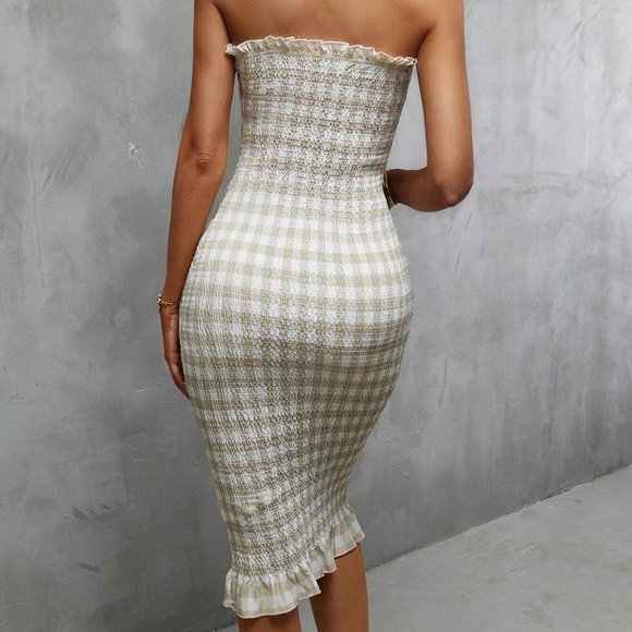 Multicolor Elegant Womens Plaid Print Ruffle Hem Tube Bodycon Dress - Picture 2 of 5